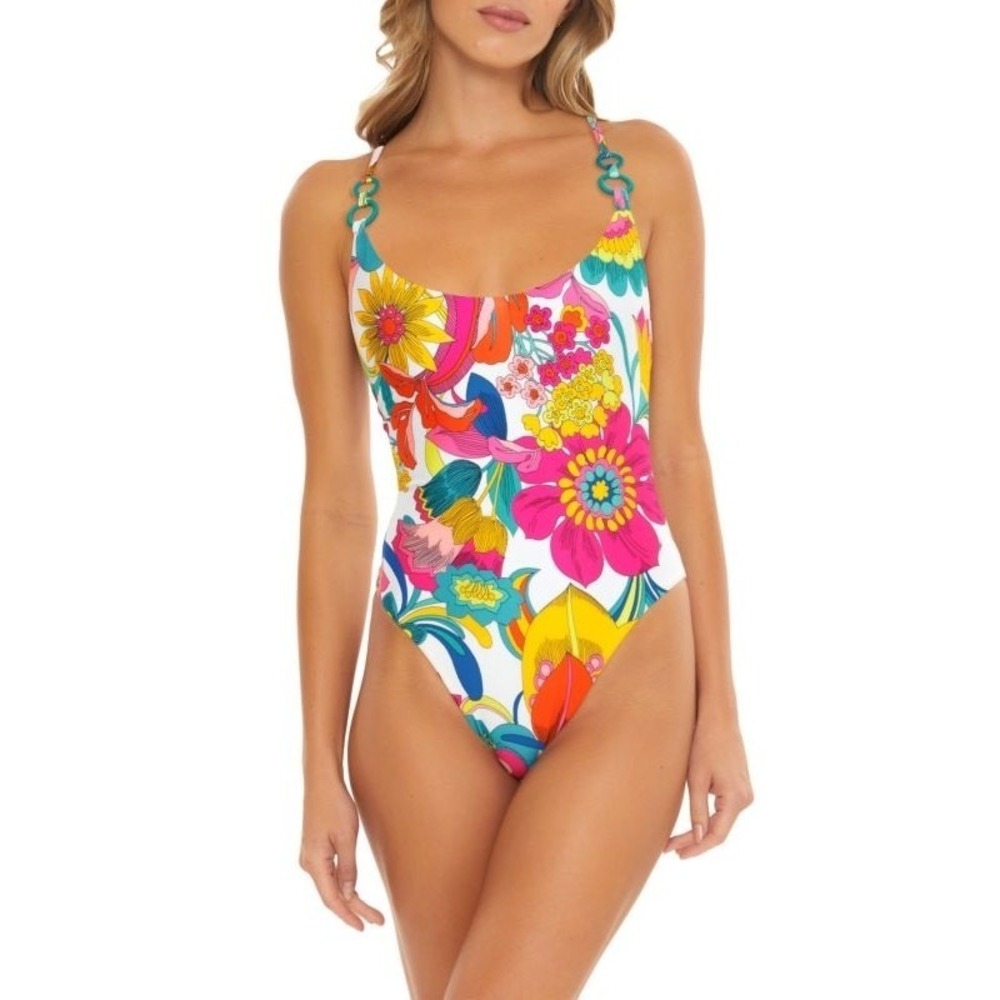 Trina Turk Fontaine Floral One Piece Swimsuit Women Size 10 Yellow EXCELLENT